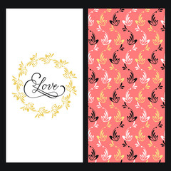 vector set with seamless pink texture with colorful flowers and a card with hand drawn elegant word love in a floral frame