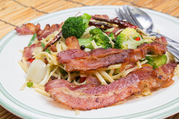 Spicy bacon spaghetti on the plate