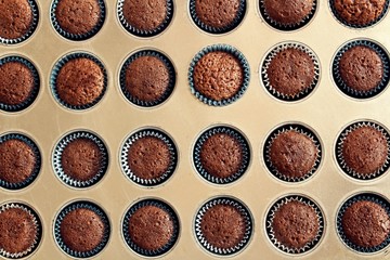 homemade Mini Chocolate cupcakes filling the frame in amuffin pan