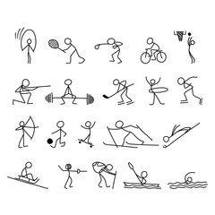 Cartoon icons sport set of sketch little people in cute miniature scenes.
