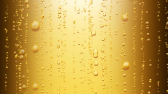Beautiful Beer Bubbles Rising Up. Loopable 3d Animation of Sparkling Water on Yellow Background. HD 1080.