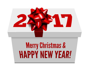 Congratulations to the New Year on the background of a gift and  ribbon with  bow