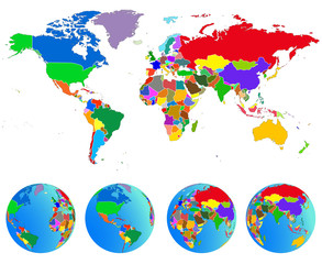 World map, Globes with countries. Planet Earth. Vector