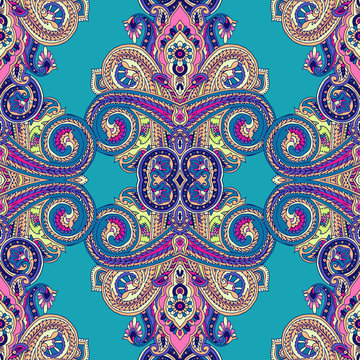 Kaleidoscope abstract geometric seamless paisley pattern. Traditional oriental ethnic ornament, on turquoise blue background. Textile design.