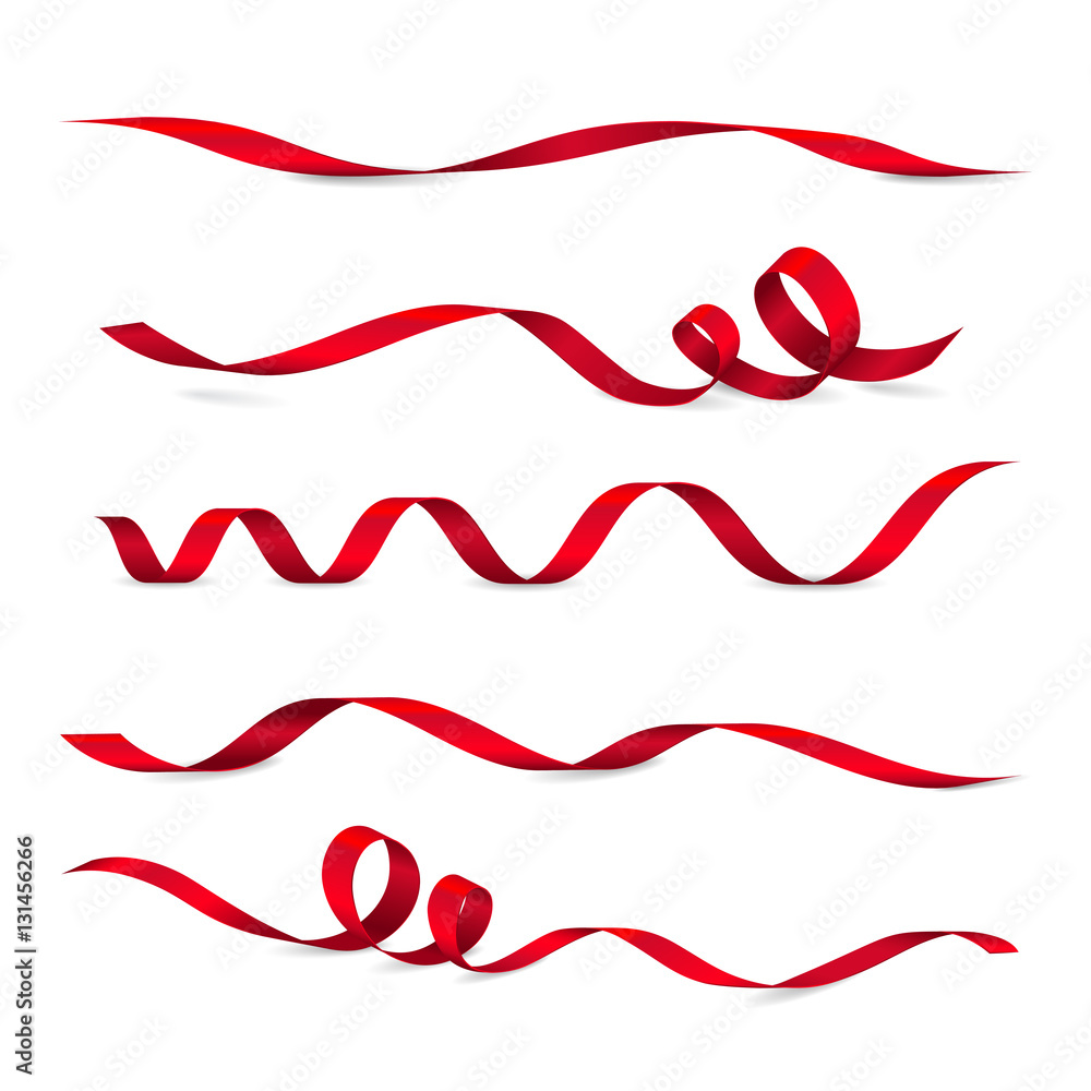 Wall mural set of five shiny red ribbons. vector realistic elements for your design greeting or gift card and i