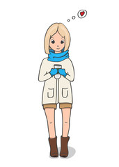 Cute girl with the cup of coffee. Vector cartoon character.