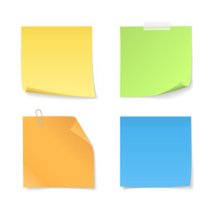 Set of colored sticky notes with clip and adhesive tape. Vector paper (yellow, orange, blue, green) with curled corner for your message. Isolated from a background.