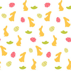 Vector seamless pattern with rabbits and colorful eggs. Easter holiday background with bunny.