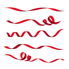 Set of five shiny red ribbons. Vector realistic elements for your design greeting or gift card and invitation for holidays. Isolated from the background.