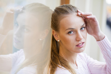 Portrait close up of young beautiful woman