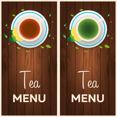 Tea menu. Cup of tea with lemon. Wooden background. Vector illustration.