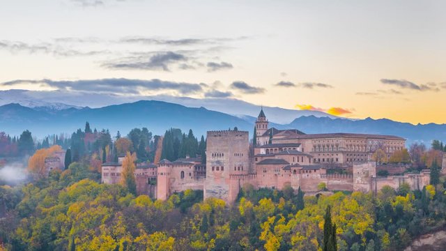 Alhambra fortress in the autumn morning, time-lapse video, Granada, Spain
