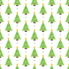 Cute flat design emoji christmas trees seamless pattern background.
