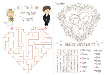 Wedding Activity Book For Kids.  The maze heart. Coloring pages for children. Flower frame. Groom and bride.  Wedding placemat