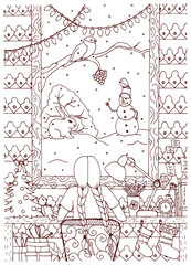 Vector illustration Zen Tangle Christmas, little girl sitting at the table. Doodle drawing. Meditative exercise. Coloring book anti stress for adults. Black white.