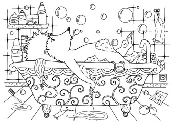 Doodle illustration of a hedgehog is bathed in the bath. Vector. Coloring page Anti stress for adults and children. Black and white.