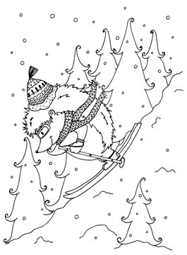 Doodle illustration urchin on skis. Vector. Coloring page Anti-stress for adults and children. Black and white.