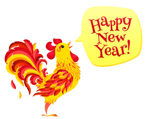 Red fiery rooster with speech bubble and Happy New Year sign. Chinese symbol of 2017 new year.