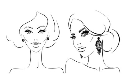 Vector beautiful girl portrait in sketch style. Young fashion women. Cute lady. Young model faces in vogue style. Stylish girl illustration. Trendy graphic, Contour drawing. Beauty and elegant face.