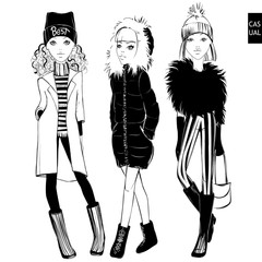 Vector set with beautiful fashionable girls. Cute girlfriends set. Fashion models. Young women. Stylish sketch illustration. Cartoon teens. Hand drawn girls in autumn-winter outfits.