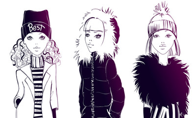 Vector set with beautiful fashionable girls. Cute girlfriends set. Fashion models. Young women. Stylish sketch illustration. Cartoon teens. Hand drawn girls in autumn-winter outfits.