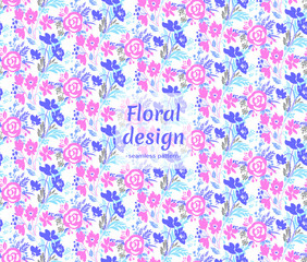 Fototapeta na wymiar Vector floral seamless pattern. Botanical background. Flowers repeat design. Cute composition with abstract blooming elements. Flower template for banner, wrapping paper, posters, prints, cover.
