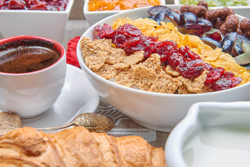French breakfast on a wooden tray
