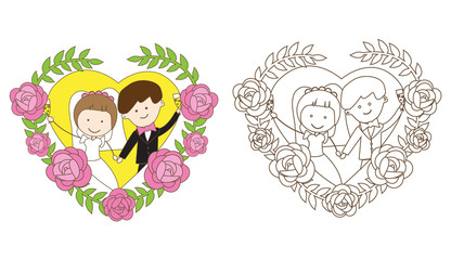 Coloring  wedding page. Groom and bride in flower frame. Kids activity book 
