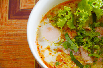 noodle tom yam with  soft boiled egg