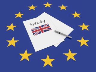 European Politics: UK Treaty Note On EU Flag, 3d illustration
