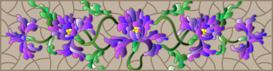 Illustration in stained glass style with flowers, buds and leaves of iris on a brown background,the horizontal orientation 