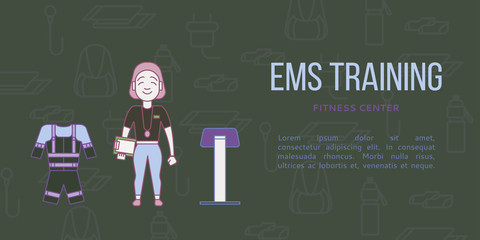 Ems training web banner or flyer in flat style. Electric muscular stimulating fitness concept. Personal trainer with equipment. Sports company vector illustration