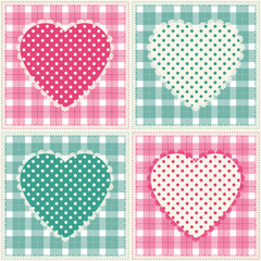 Floral background with decorative patchwork hearts. Easter vector pattern for cushion, pillow, bandanna, silk kerchief and shawl fabric print. Texture for clothes, bedclothes. Embroidery stylization
