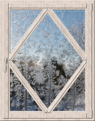 Nonstandard window with frame as a rhombus and a frosty patterns on the frozen glass
