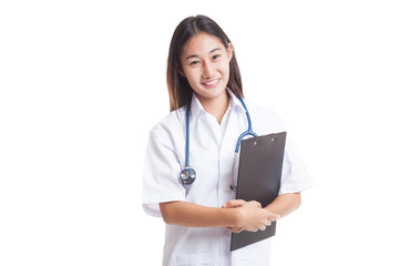 Asian young female doctor smile with a clipboard.