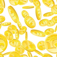 Seamless pattern with golden coins randomly placed over white background. Money gold rain repeating texture in EPS8 vector.