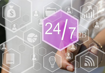Businesswoman pressing 24 hours 7 days web service icon on a virtual screen .  