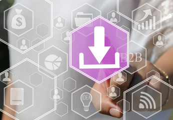 Businesswoman pushes a button web download the on the touch screen in the web network. Receiving and transmitting data and files.  