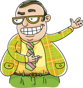 A cartoon of a tacky salesman in a colorful suit smiling and offering a deal.