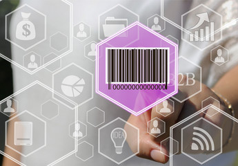The businesswoman clicks barcode product network icon on the touch screen the web network .  