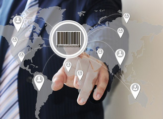 The businessman clicks barcode product network icon on the touch screen the web network .  