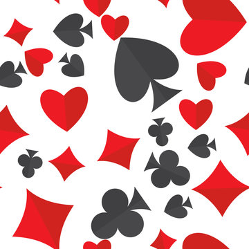 Playing cards suits seamless pattern. Heart, diamond, club and spade symbols random placed over white vector background. Gambling repeating texture. EPS8.