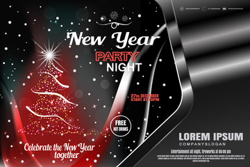 Vector New Year red poster in the gradient gray frame with Christmas tree, radiance, snowfall, wave for holiday party.