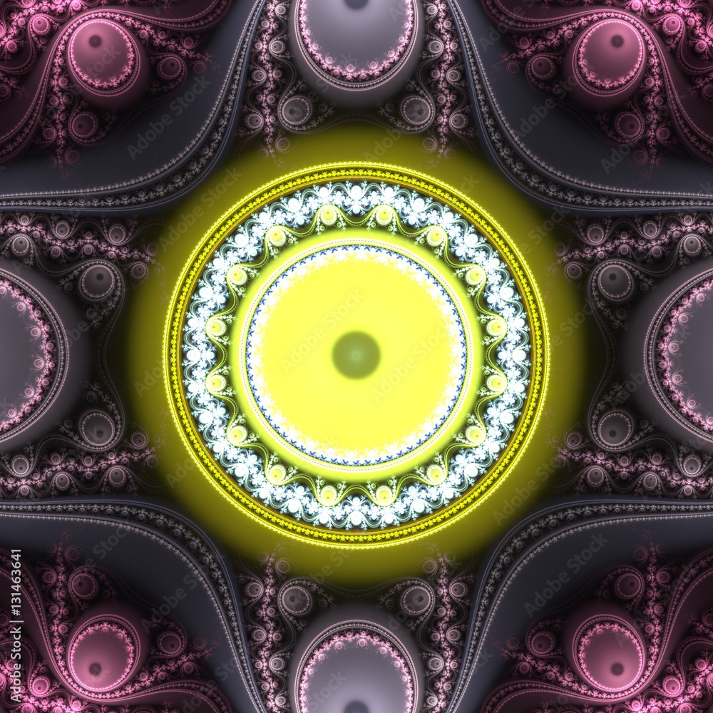 Poster abstract bright multicolored spherical fractal computer generated image