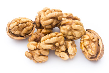 Walnut and walnut kernel isolated on the white background.