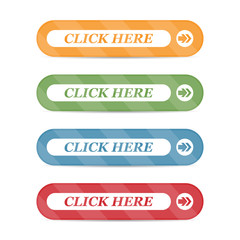 Set of click here buttons with shadows on a white background