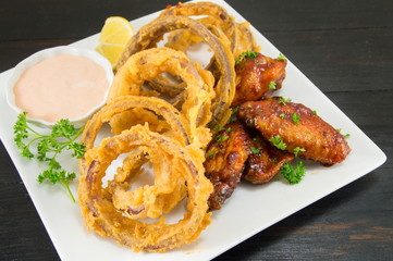 onion rings and barbecue wings
