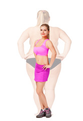 Compare fat and thin women. before and after weight loss. rejuvenation.
