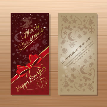 Christmas gift card with angel, Christmas decorative elements and greeting inscription - Merry Christmas and Happy New Year. Vector illustration on a wooden background