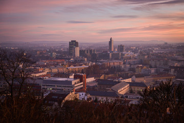 Fototapeta premium Foggy evening over Brno, Czech Republic, Europe. December 2016